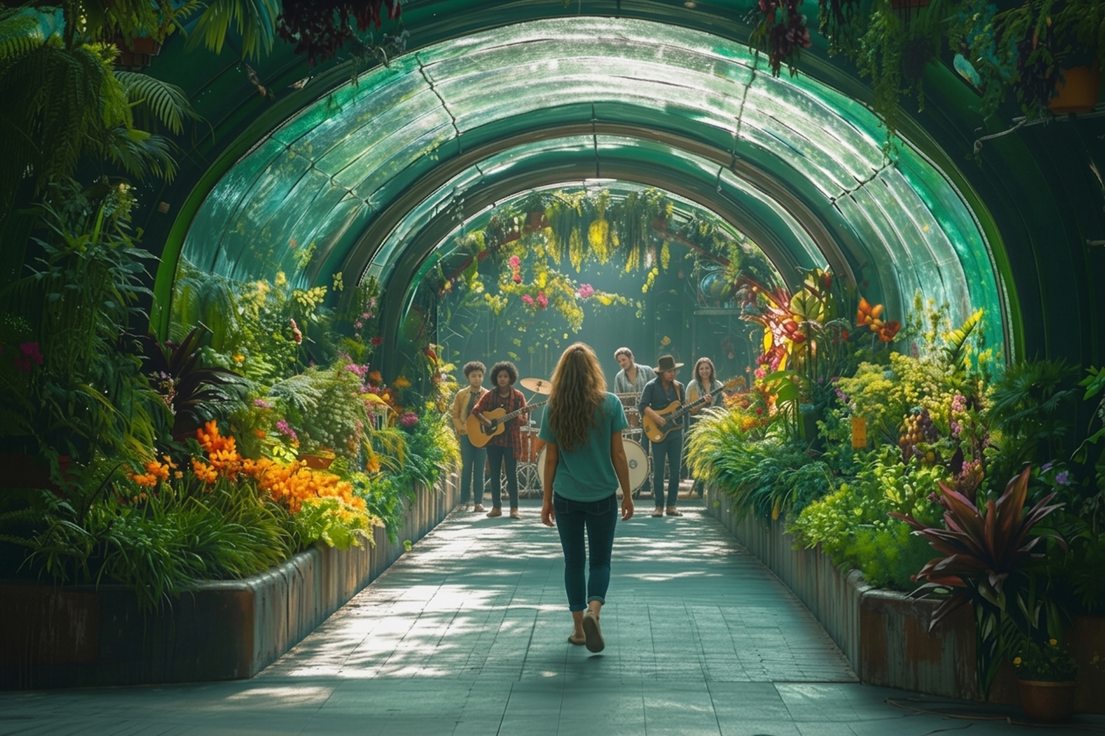 A walkway through a tunnel of plants, with a person and musicians visible at the end