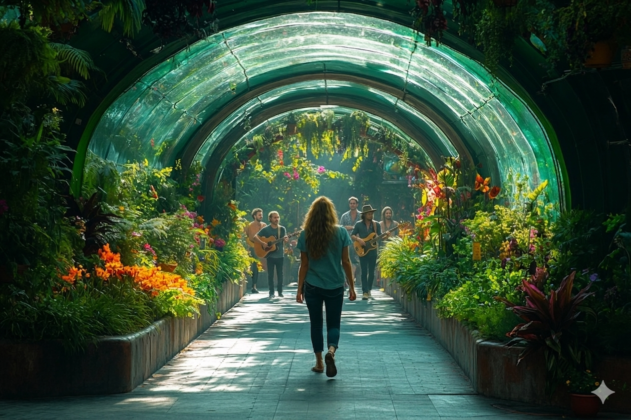 A walkway through a tunnel of plants, with a person and musicians visible at the end